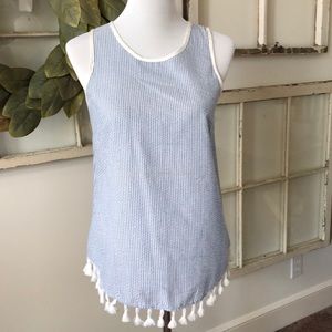 Sleeveless blue/white stripe seersucker top